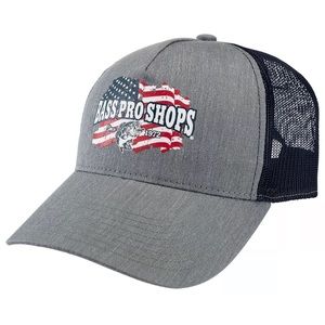 🌻Bass Pro Shops 🎣 Mesh Back Flag Hat🧢 Gray & Navy 🇺🇸 Patriotic 🇺🇸 NEW